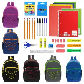 12 Wholesale 17" Bungee Backpacks in 6 Colors & 12 Bulk School Supply Kits of Your Choice