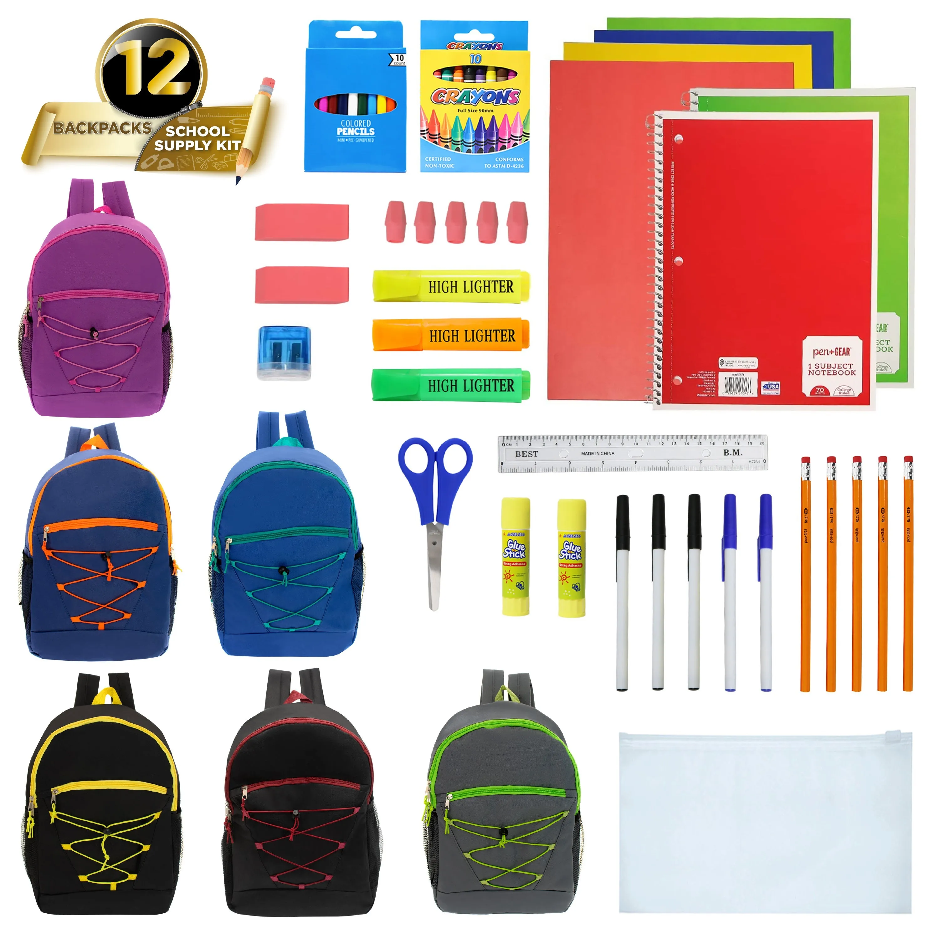 12 Wholesale 17" Bungee Backpacks in 6 Colors & 12 Bulk School Supply Kits of Your Choice