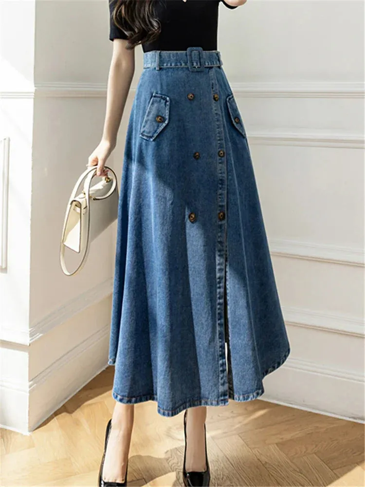 2024 Women's Long Skirt With High Wasit Double Breasted Umbrella Jeans Female Skirt