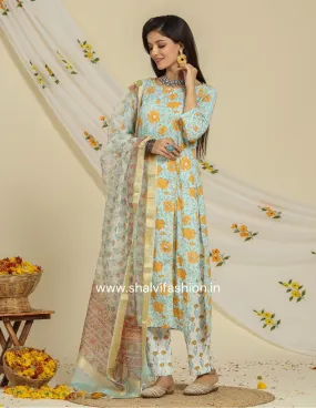 Bahar Hand Block Print Cotton Suit Set with Organza Dupatta (CSS89ORG)