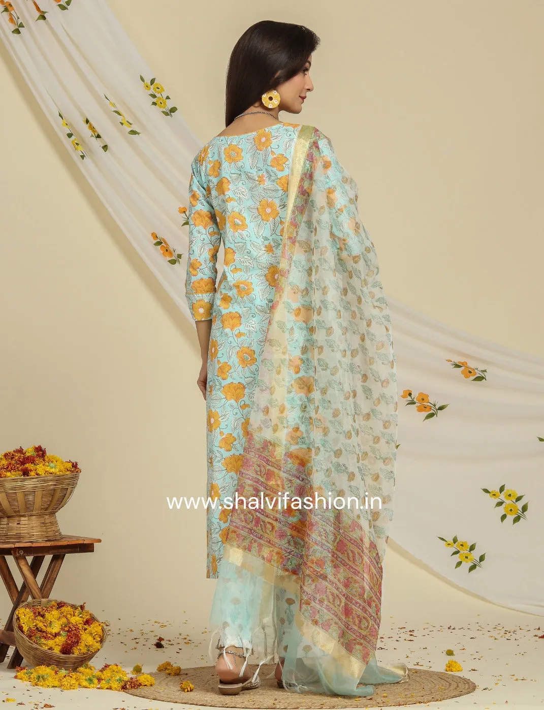 Bahar Hand Block Print Cotton Suit Set with Organza Dupatta (CSS89ORG)