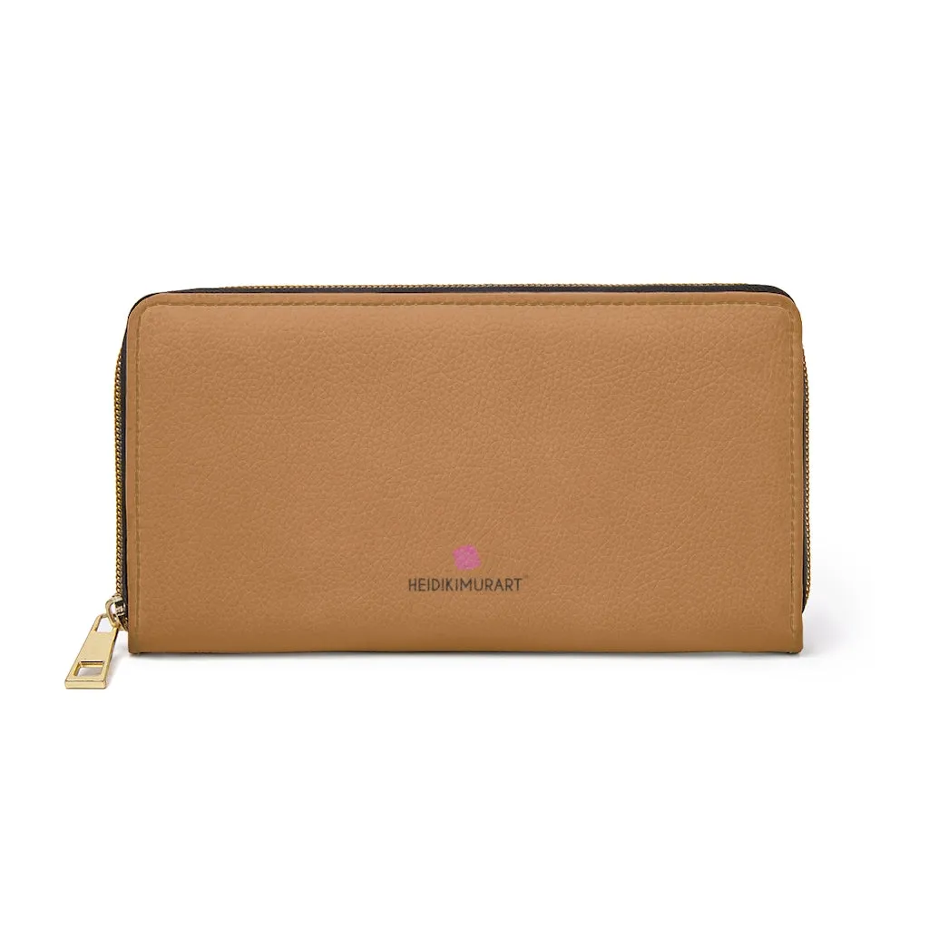 Beige Brown Color Zipper Wallet, Long Compact 7.87" x 4.33" Cruelty-Free Faux Leather Wallet with High Quality Nylon Zip & Metal Hardware