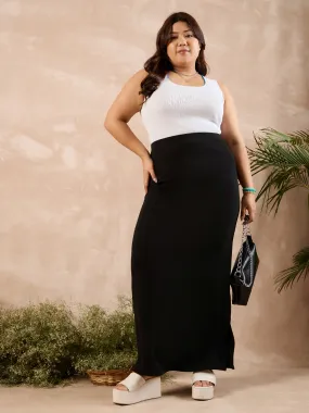 Berrylush Curve Black Solid High Rise Split-Thigh Maxi Skirt