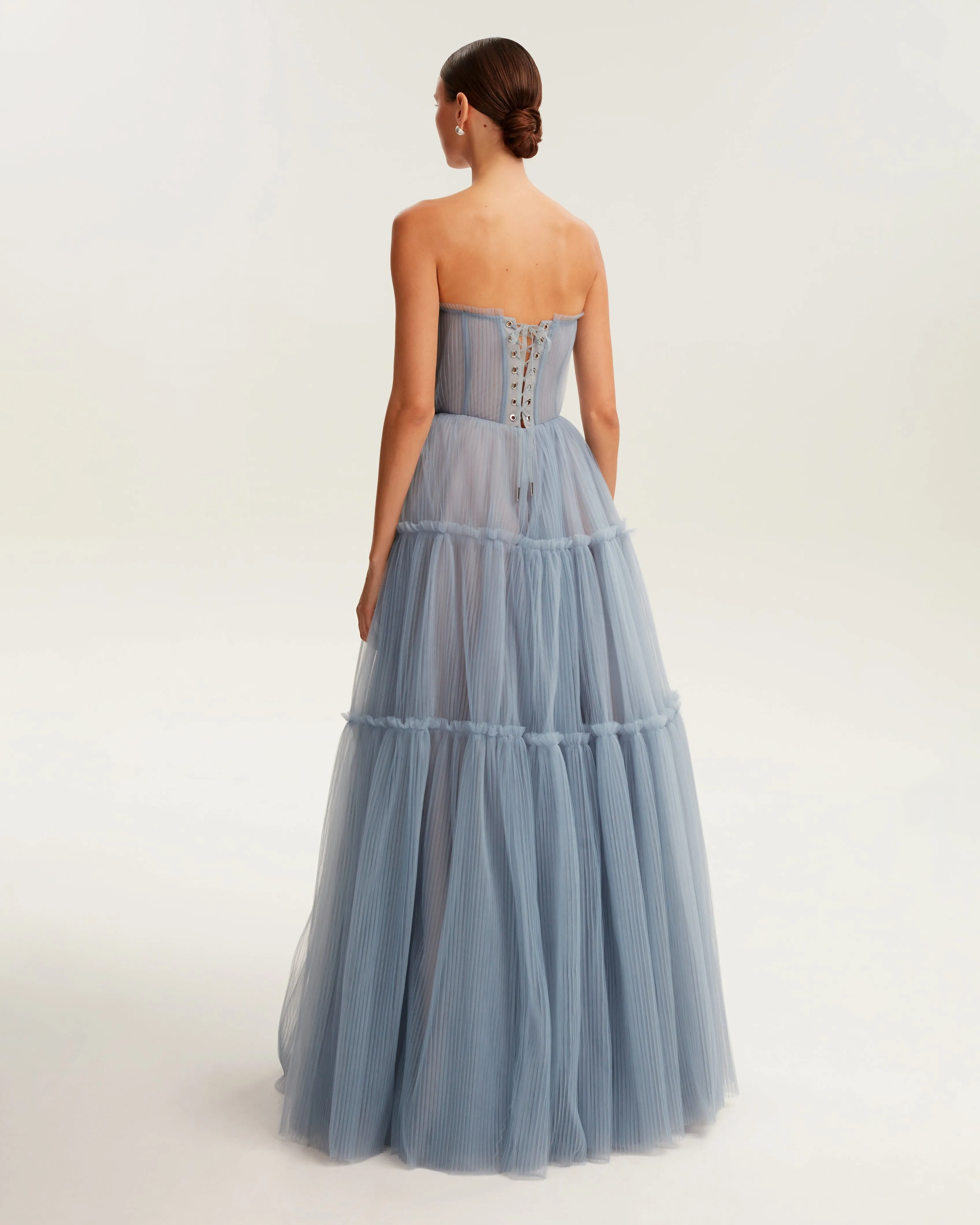 Cloudy blue tulle maxi dress with ruffled skirt, Garden of Eden