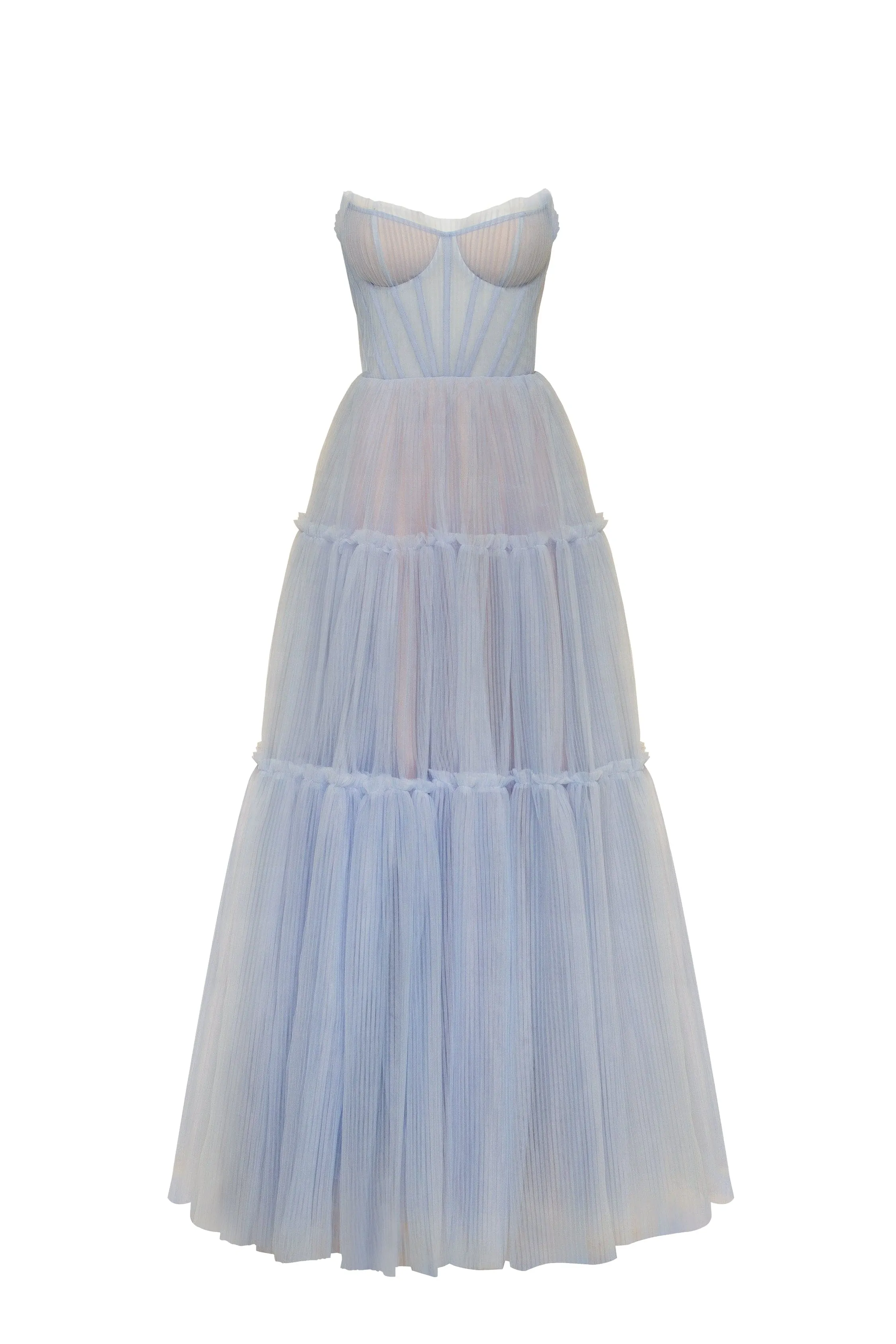 Cloudy blue tulle maxi dress with ruffled skirt, Garden of Eden