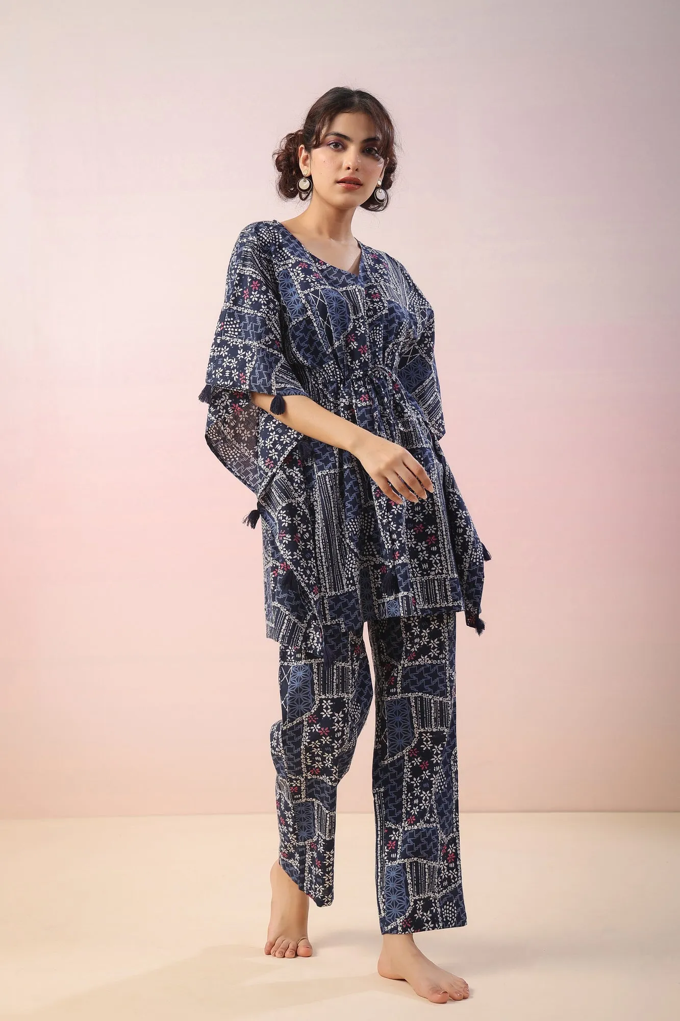 Doodle Print on Indigo Kaftan Co-ord Set