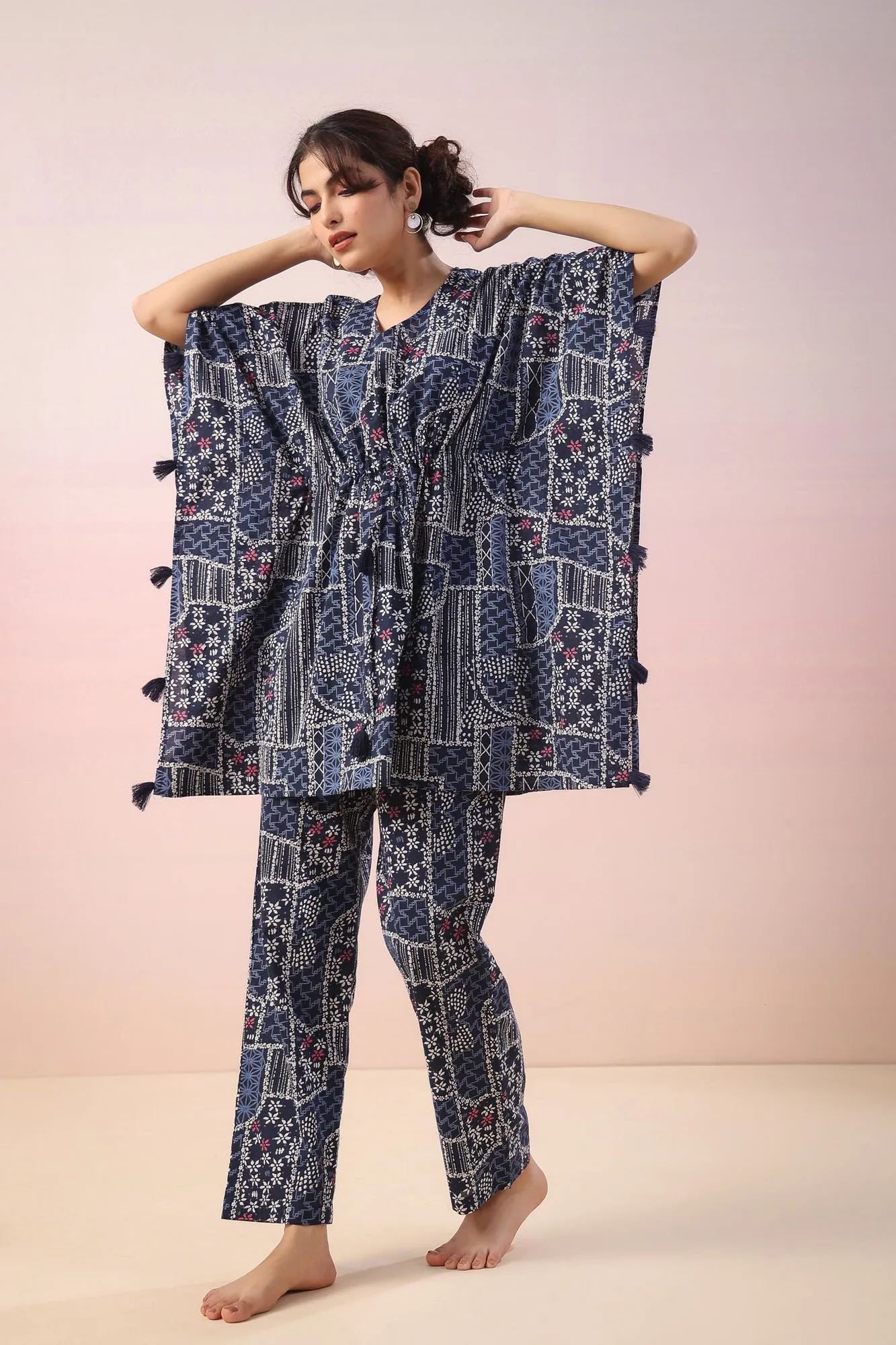 Doodle Print on Indigo Kaftan Co-ord Set