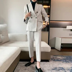 Double Breasted Blazer & Crop Pants Suit Set