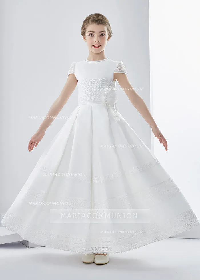 Elegant A-Line Jewel Short Sleeve Lace Hand Made Flowers Floor-Length Satin First Communion Dresses