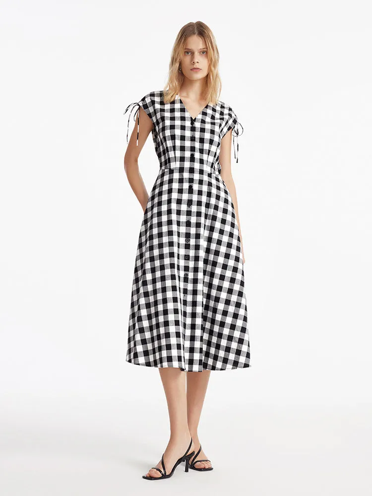 Gingham Single-Breasted Women Midi Dress