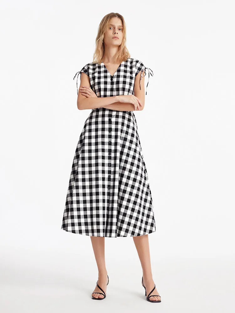 Gingham Single-Breasted Women Midi Dress