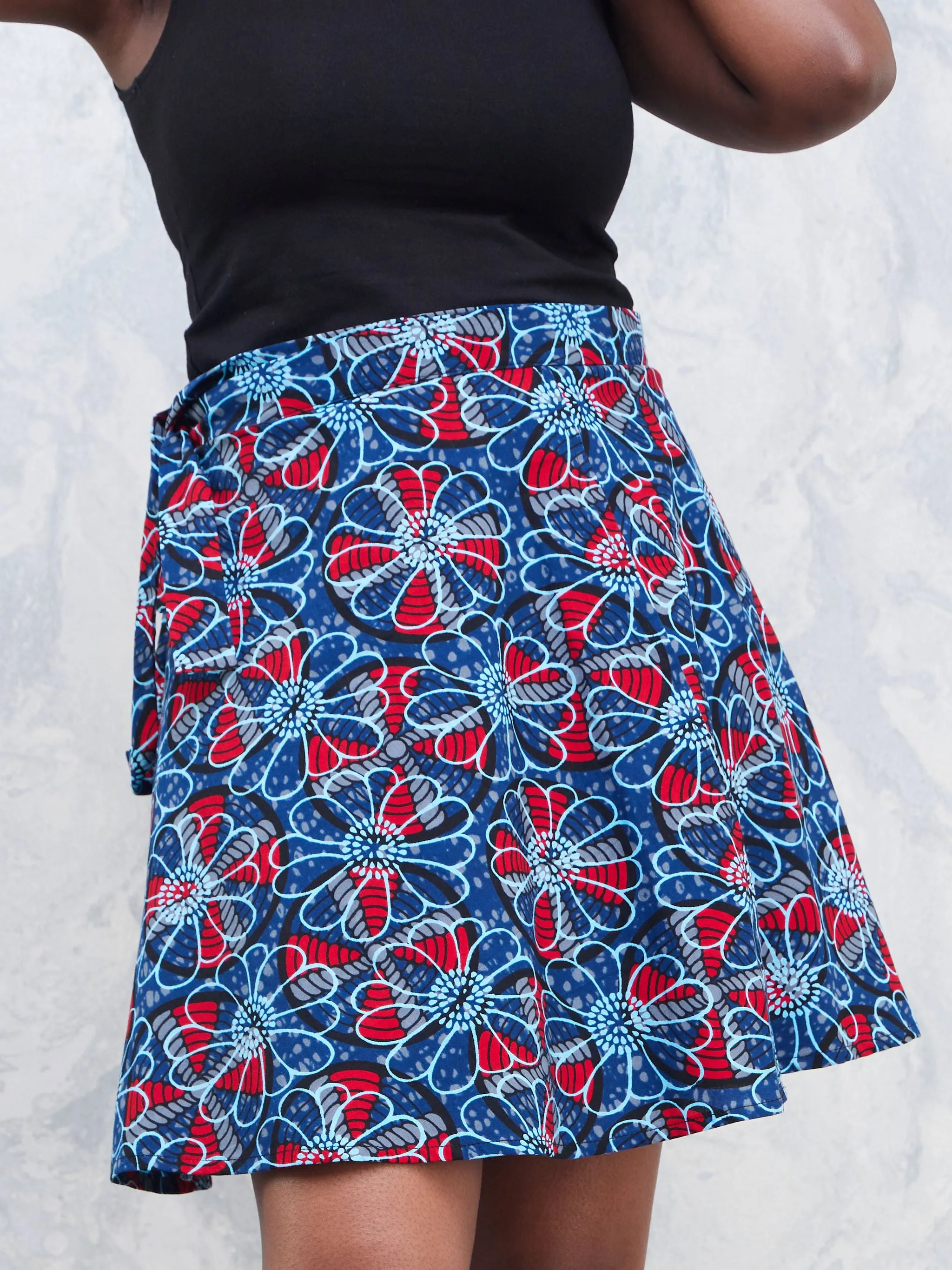 Nimali Mini A-Line Skirt - Red / Blue Ankara Print