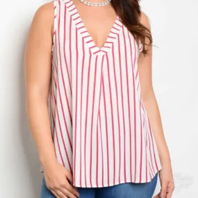 Stylish Red and Ivory Striped Sleeveless Blouse for Women – Trendy Summer Top