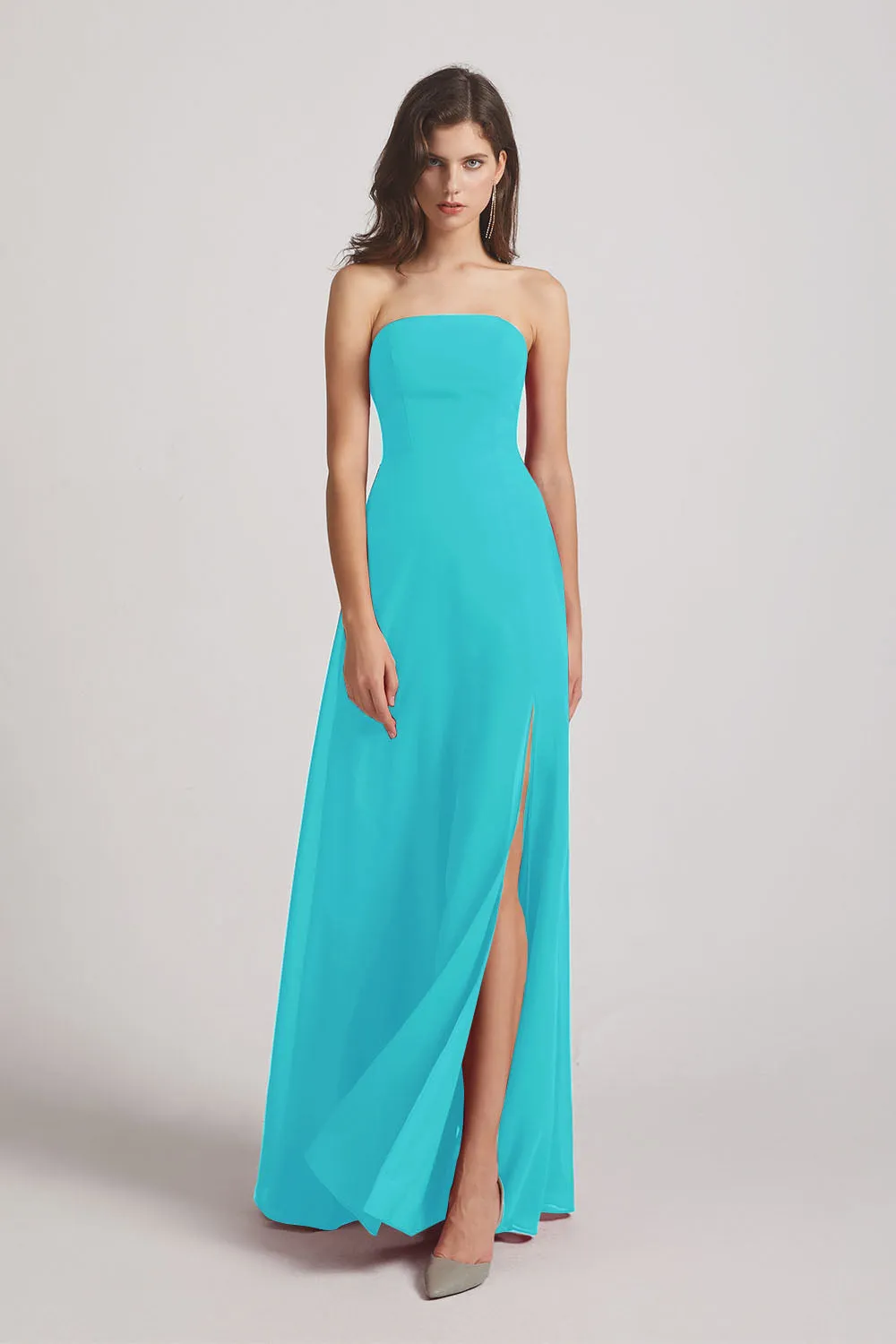 Strapless Chiffon Ruched Slit Long Bridesmaid Dresses (AF0050)