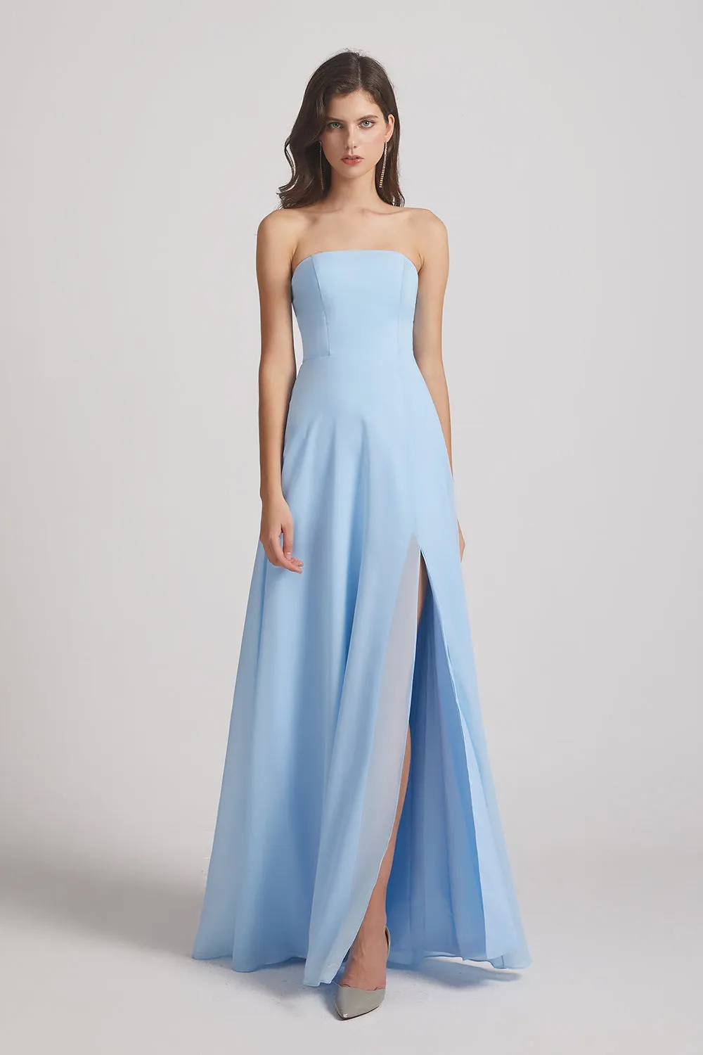 Strapless Chiffon Ruched Slit Long Bridesmaid Dresses (AF0050)