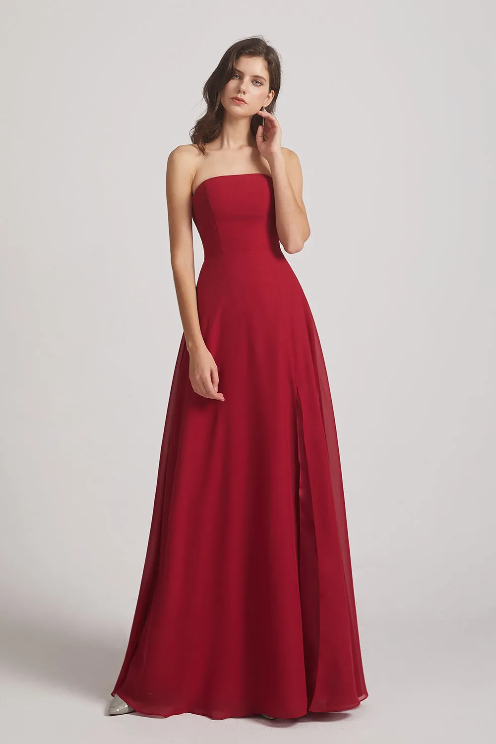 Strapless Chiffon Ruched Slit Long Bridesmaid Dresses (AF0050)