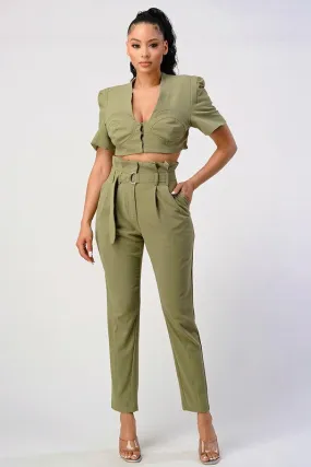 Styled in the City- Olive Crop Top Pant Set