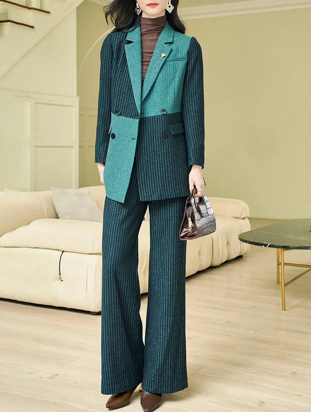 Two Tone Wool Blend Double Breasted Blazer & Flare Pants Set