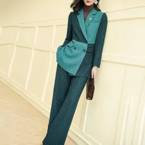 Two Tone Wool Blend Double Breasted Blazer & Flare Pants Set